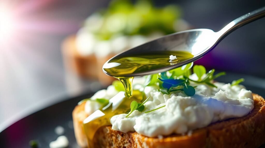 drizzlechiveoiltoast esoterristablecom Drizzling vibrant green chive oil over ricotta toast