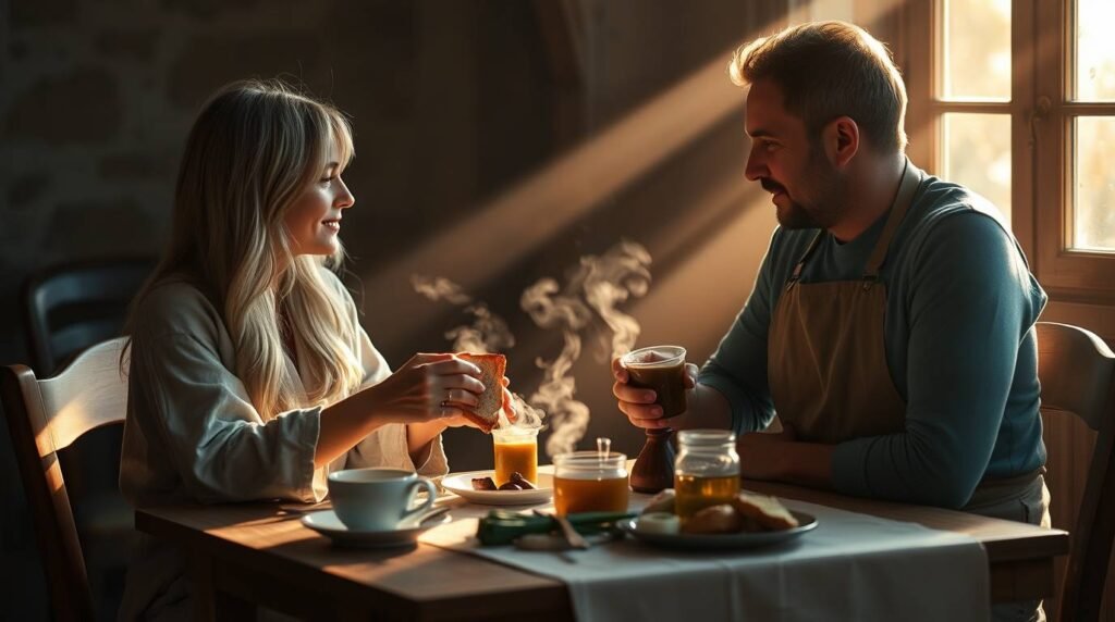 liramarcobreakfast esoterristablecom Lira and Marco share toast and tea in morning light
