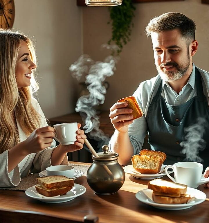 Lira and Marco share toast and tea in morning light