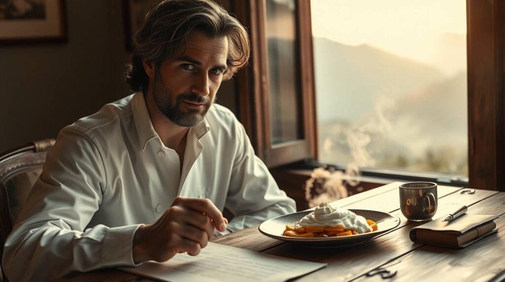 marcodelucabreakfastnote esoterristablecom Illustrated scene of Marco DeLuca enjoying soft scrambled eggs and ricotta at sunrise notebook by his side