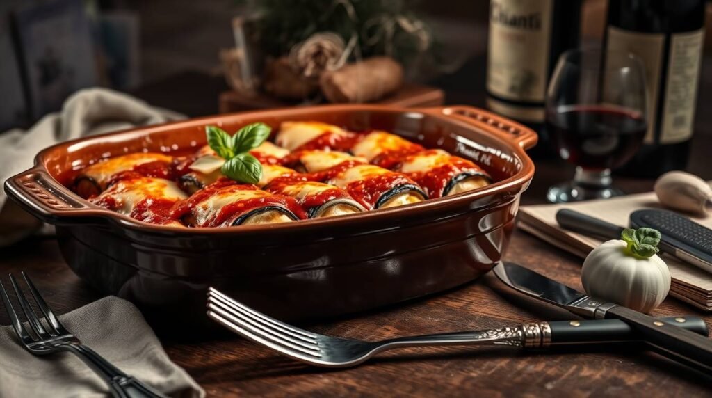 Baked eggplant rolls stuffed with smoked ricotta topped with bubbling cheese in a tomato wine sauce