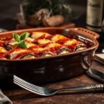 Baked eggplant rolls stuffed with smoked ricotta topped with bubbling cheese in a tomato wine sauce