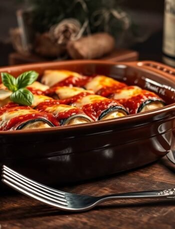 Baked eggplant rolls stuffed with smoked ricotta topped with bubbling cheese in a tomato wine sauce