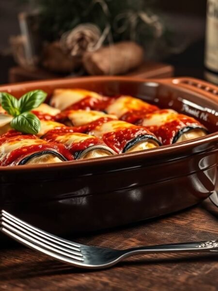 “Baked eggplant rolls stuffed with smoked ricotta, topped with bubbling cheese in a tomato-wine sauce.”