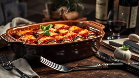 Baked eggplant rolls stuffed with smoked ricotta topped with bubbling cheese in a tomato wine sauce