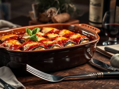 Baked eggplant rolls stuffed with smoked ricotta topped with bubbling cheese in a tomato wine sauce