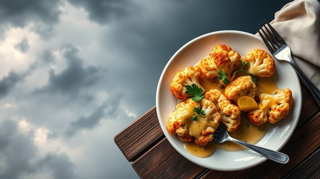 Crispy cauliflower steaks with lemon caper butter on a white plate