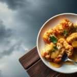 Crispy cauliflower steaks with lemon caper butter on a white plate