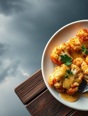 Crispy cauliflower steaks with lemon caper butter on a white plate