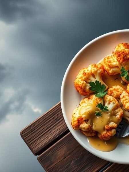 Crispy cauliflower steaks with lemon-caper butter on a white plate