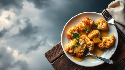 Crispy cauliflower steaks with lemon caper butter on a white plate