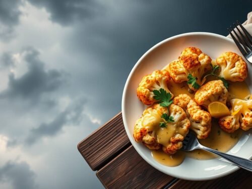Crispy cauliflower steaks with lemon caper butter on a white plate
