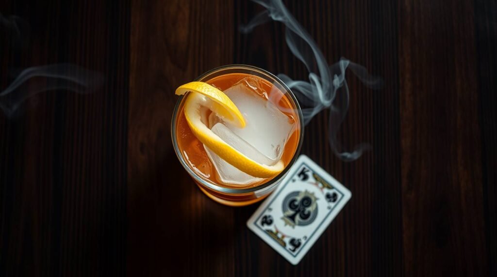 Amber cocktail with lemon twist and cigar smoke
