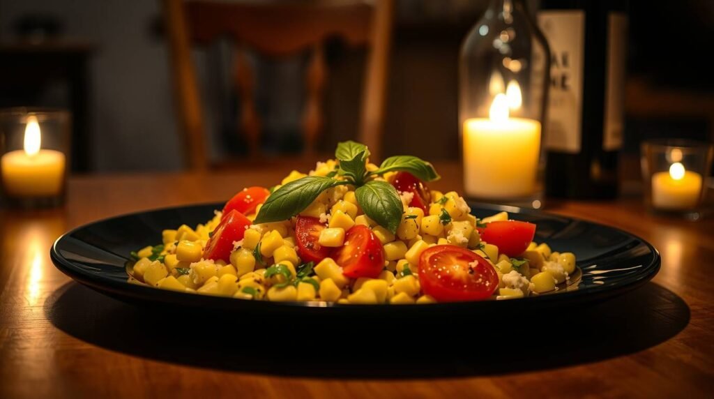 Lemon corn tomato salad with herbs on black plate