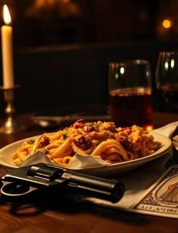 Mafia-inspired Italian dinner table with ziti, lamb, and tarot card