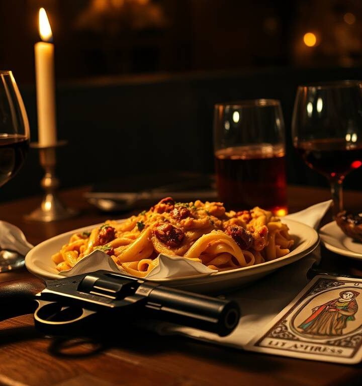 Mafia inspired Italian dinner table with ziti lamb and tarot card