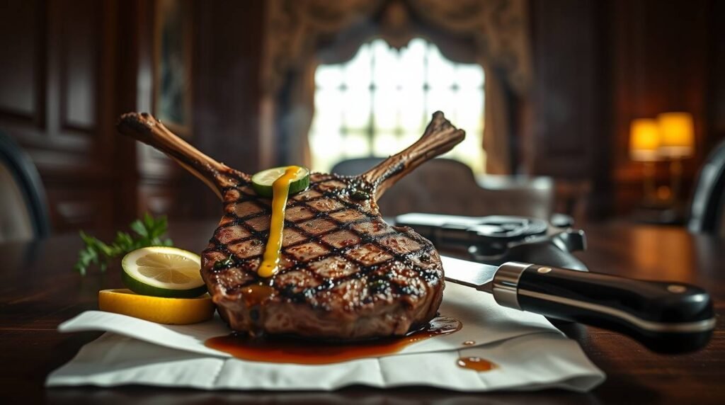 Grilled lamb chops with cucumber and lemon garnish