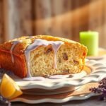 Lavender and lemon bread on a vintage plate with glowing green candle and herbs representing a Heart Chakra healing tea ritual