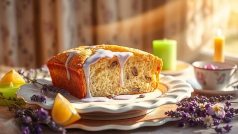 Lavender and lemon bread on a vintage plate with glowing green candle and herbs representing a Heart Chakra healing tea ritual