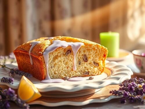 Lavender and lemon bread on a vintage plate with glowing green candle and herbs representing a Heart Chakra healing tea ritual