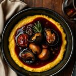 Braised mushrooms in red wine sauce over creamy polenta with rosemary