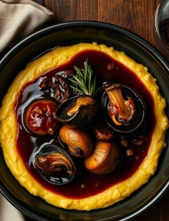Braised mushrooms in red wine sauce over creamy polenta with rosemary