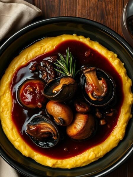 Braised mushrooms in red wine sauce over creamy polenta with rosemary