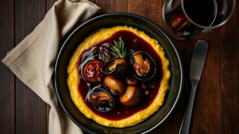 Braised mushrooms in red wine sauce over creamy polenta with rosemary