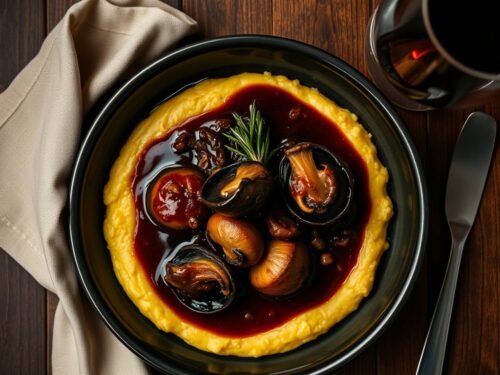 Braised mushrooms in red wine sauce over creamy polenta with rosemary