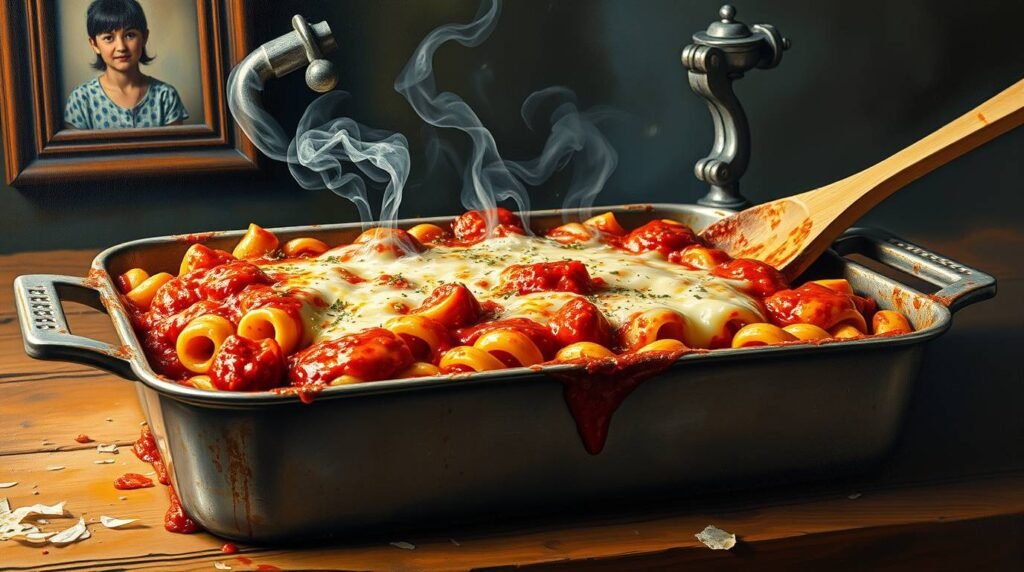 Baked ziti with cheese and tomato sauce steaming from the tray