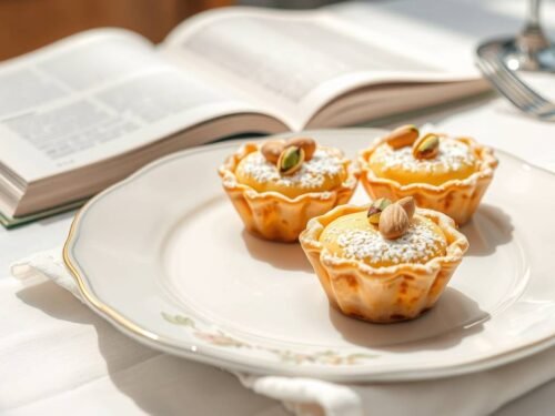 This describes the image for screen readers and improves SEO with keywords like vegan amandine and pistachio