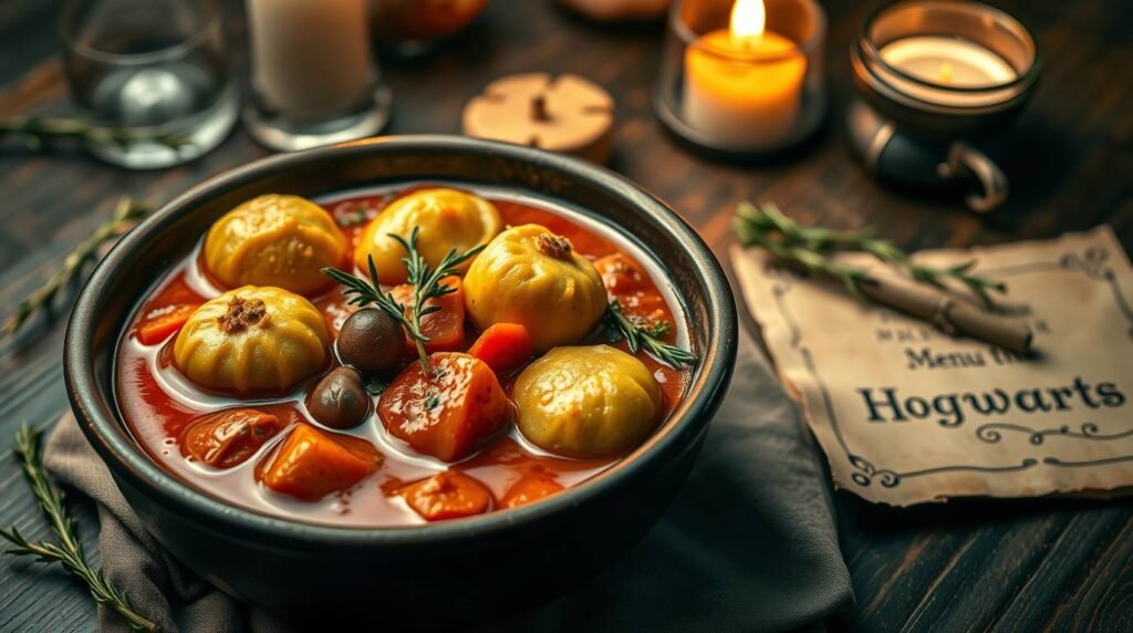 veganitalianstewherbdumplingsharrypotternight esoterristablecom Hearty vegan Italian stew with herbed dumplings in a rustic bowl inspired by Harry Potter
