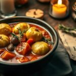Hearty vegan Italian stew with herbed dumplings in a rustic bowl inspired by Harry Potter
