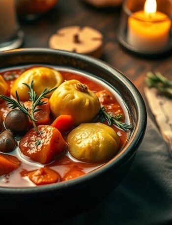 Hearty vegan Italian stew with herbed dumplings in a rustic bowl inspired by Harry Potter