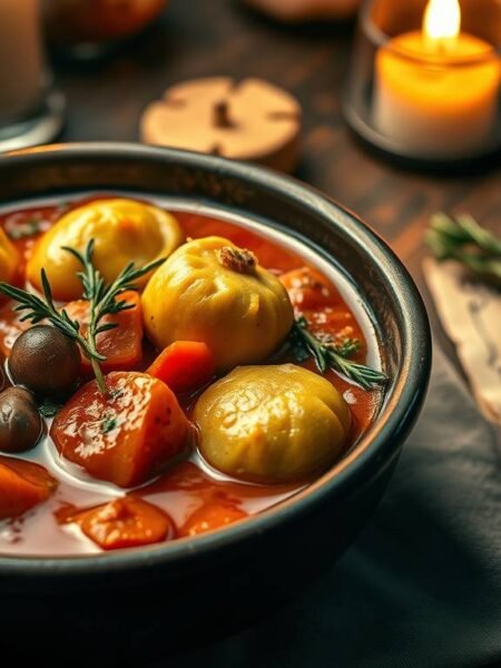 Hearty vegan Italian stew with herbed dumplings in a rustic bowl, inspired by Harry Potter