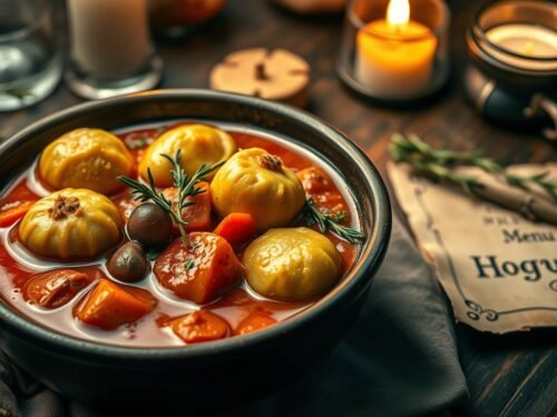Hearty vegan Italian stew with herbed dumplings in a rustic bowl inspired by Harry Potter