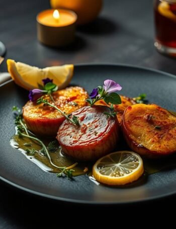 Vegan seitan medallions glazed with citrus styled in cinematic Godfather inspired ambiance