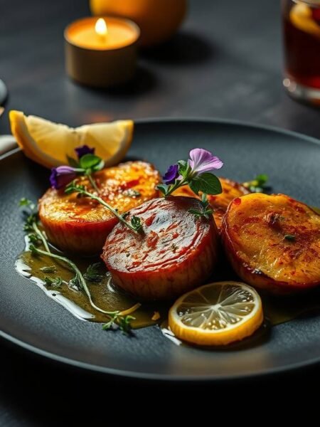 veganseitanmedallionsgodfatherstyle esoterristablecom Vegan seitan medallions glazed with citrus styled in cinematic Godfather inspired ambiance