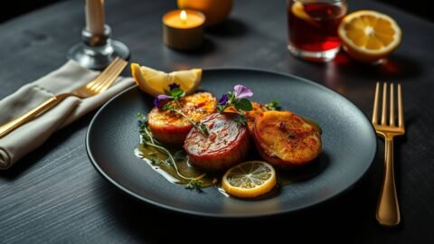 Vegan seitan medallions glazed with citrus styled in cinematic Godfather inspired ambiance