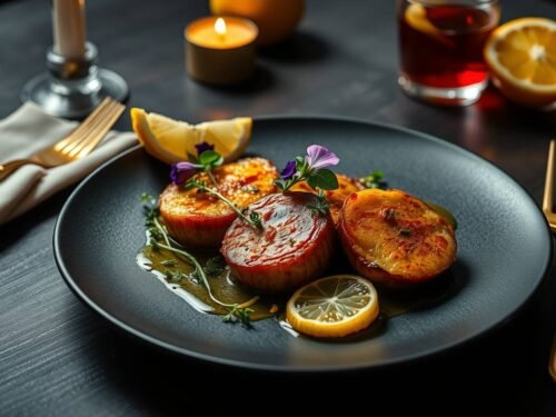 Vegan seitan medallions glazed with citrus styled in cinematic Godfather inspired ambiance