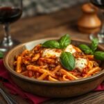 Vegetarian baked ziti alla mafia in a rustic dish with bubbling cheese and fresh basil