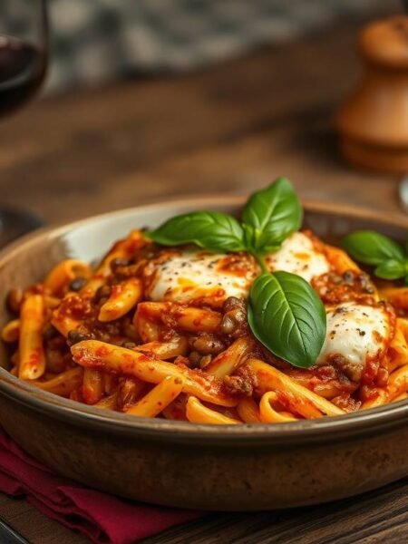 “Vegetarian baked ziti alla mafia in a rustic dish with bubbling cheese and fresh basil”
