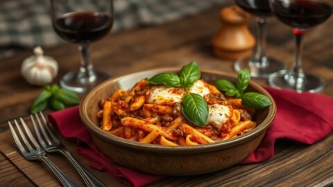 Vegetarian baked ziti alla mafia in a rustic dish with bubbling cheese and fresh basil
