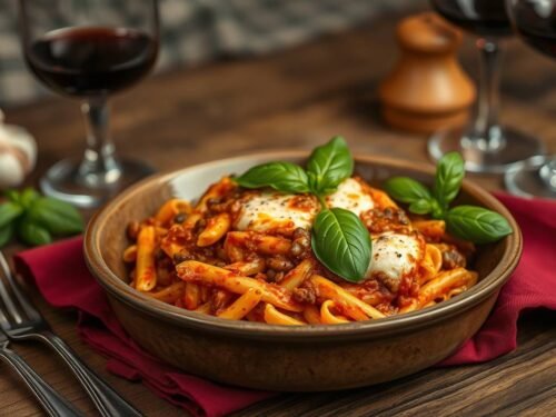 Vegetarian baked ziti alla mafia in a rustic dish with bubbling cheese and fresh basil