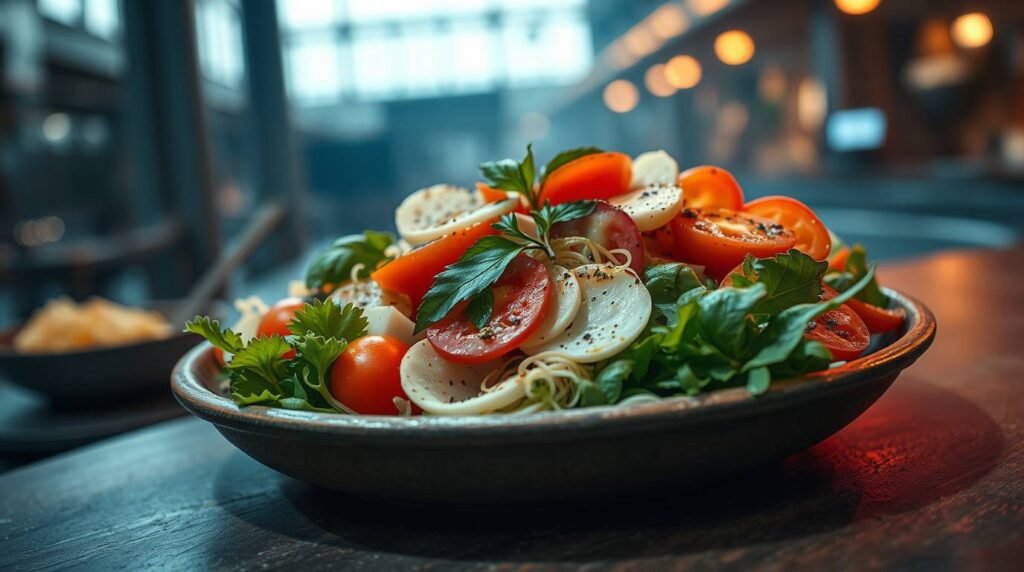 A vibrant green Italian salad with arugula radicchio avocado fennel and green olives topped with a rich green sauce on a ceramic plate