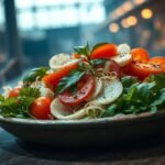 A vibrant green Italian salad with arugula radicchio avocado fennel and green olives topped with a rich green sauce on a ceramic plate