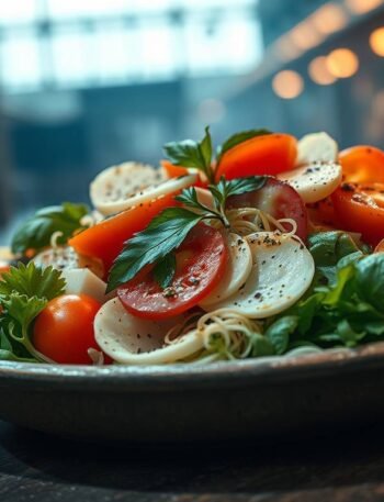A vibrant green Italian salad with arugula radicchio avocado fennel and green olives topped with a rich green sauce on a ceramic plate