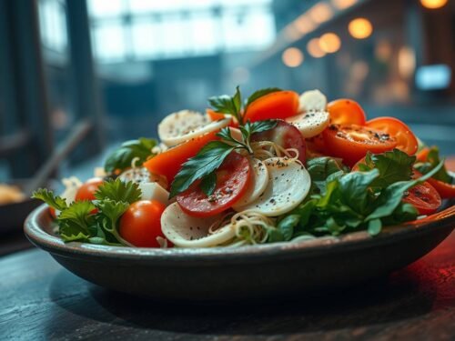 A vibrant green Italian salad with arugula radicchio avocado fennel and green olives topped with a rich green sauce on a ceramic plate