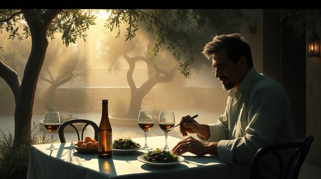 marcosaladforgivenessscene esoterristablecom An Italian man with dark curls sits under olive trees in golden sunset light sharing a salad in silence with a former enemy
