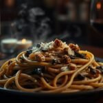 Vegetarian tagliarini pasta with Neros Sauce served in a dark elegant setting inspired by Nero Wolfes refined taste